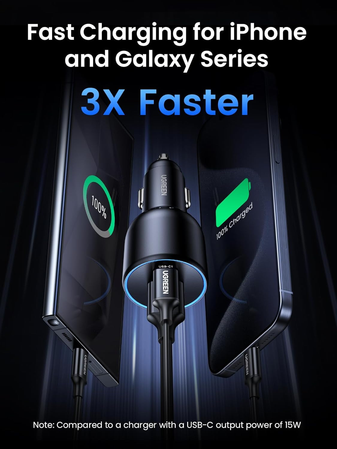 130W Laptop USB C Car Charger Fast Charging, 3 Ports Cigarette Lighter Adapter, PD3.0/QC4.0/PPS 45W, LED Light, Compatible with Macbook, Ipad, Iphone 17, Galaxy S25 S24, with a 100W USB C Cable