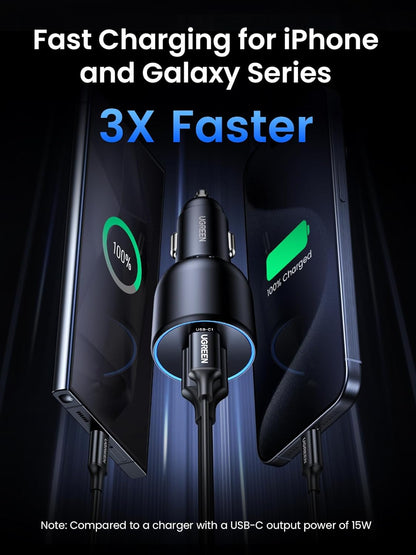 130W Laptop USB C Car Charger Fast Charging, 3 Ports Cigarette Lighter Adapter, PD3.0/QC4.0/PPS 45W, LED Light, Compatible with Macbook, Ipad, Iphone 17, Galaxy S25 S24, with a 100W USB C Cable