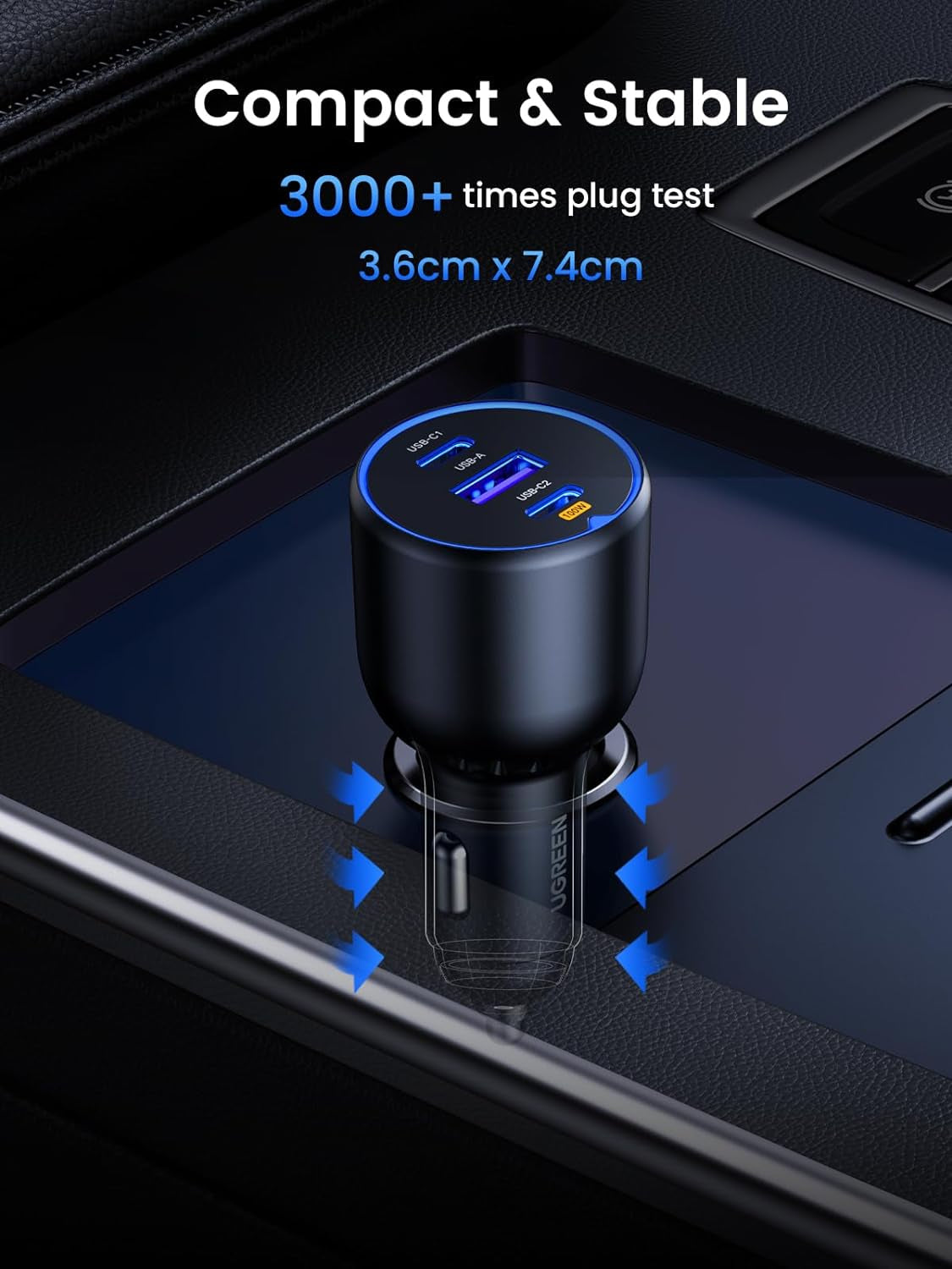 130W Laptop USB C Car Charger Fast Charging, 3 Ports Cigarette Lighter Adapter, PD3.0/QC4.0/PPS 45W, LED Light, Compatible with Macbook, Ipad, Iphone 17, Galaxy S25 S24, with a 100W USB C Cable