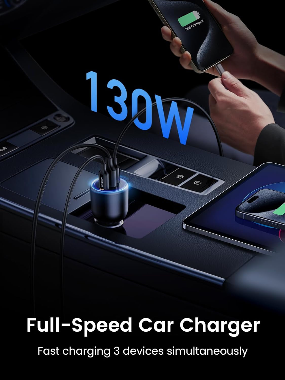 130W Laptop USB C Car Charger Fast Charging, 3 Ports Cigarette Lighter Adapter, PD3.0/QC4.0/PPS 45W, LED Light, Compatible with Macbook, Ipad, Iphone 17, Galaxy S25 S24, with a 100W USB C Cable