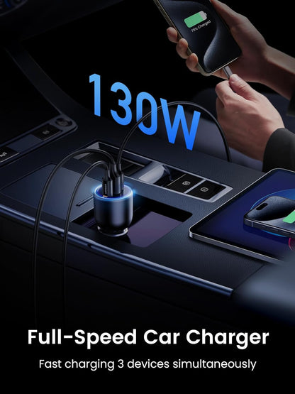130W Laptop USB C Car Charger Fast Charging, 3 Ports Cigarette Lighter Adapter, PD3.0/QC4.0/PPS 45W, LED Light, Compatible with Macbook, Ipad, Iphone 17, Galaxy S25 S24, with a 100W USB C Cable